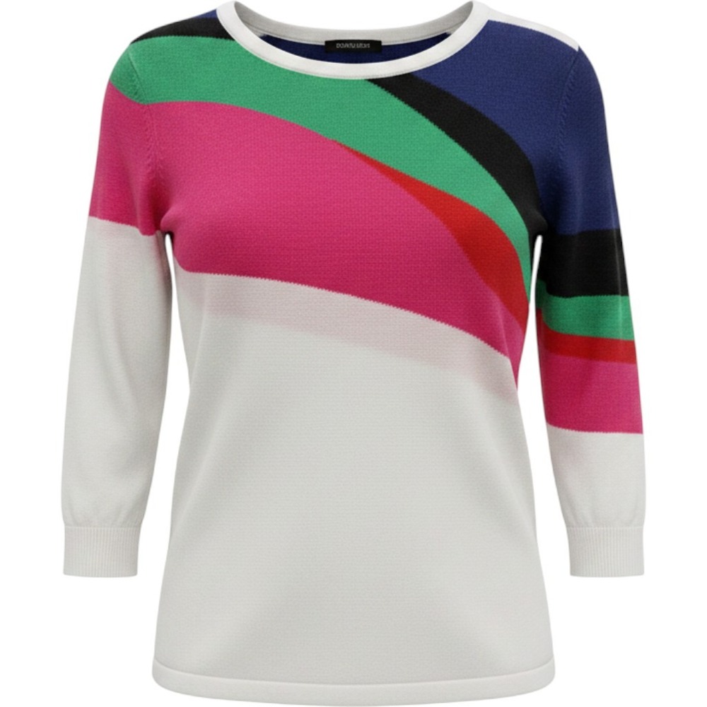 Stile Benetton Womens Multi Color Abstract Wave 100% Cotton 3/4 Sleeve Sweater